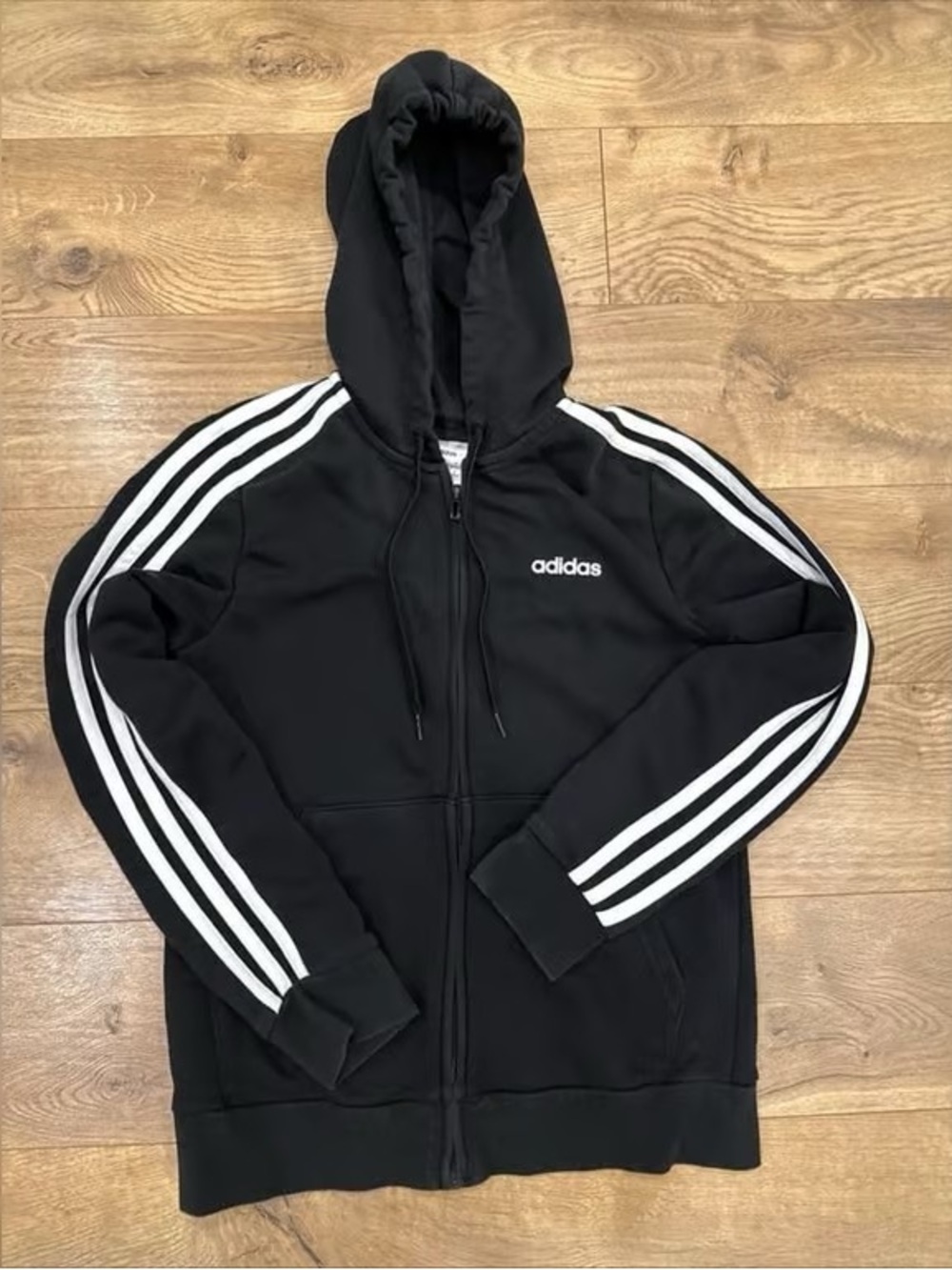 adidas Black Hooded Full-Zip Jacket with White Three Stripes